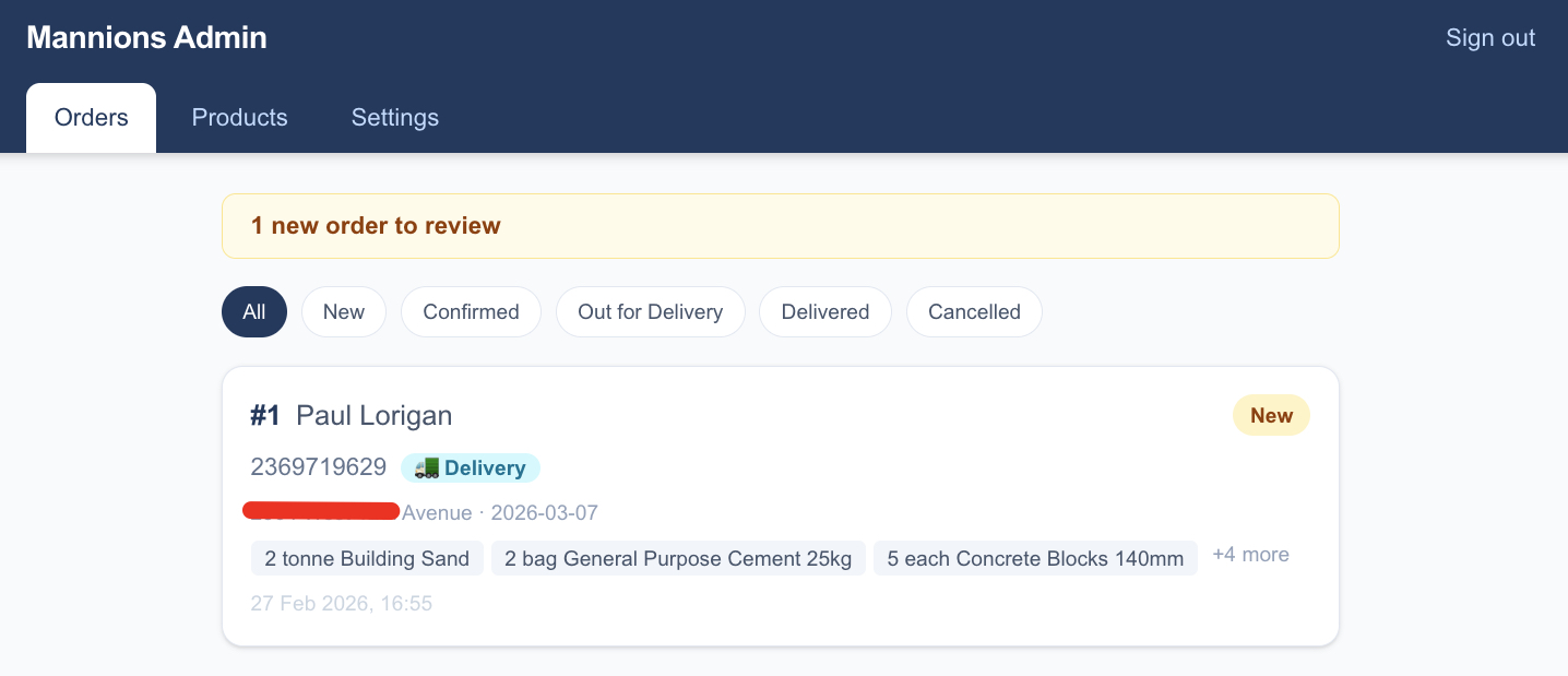 Mannions pending orders page